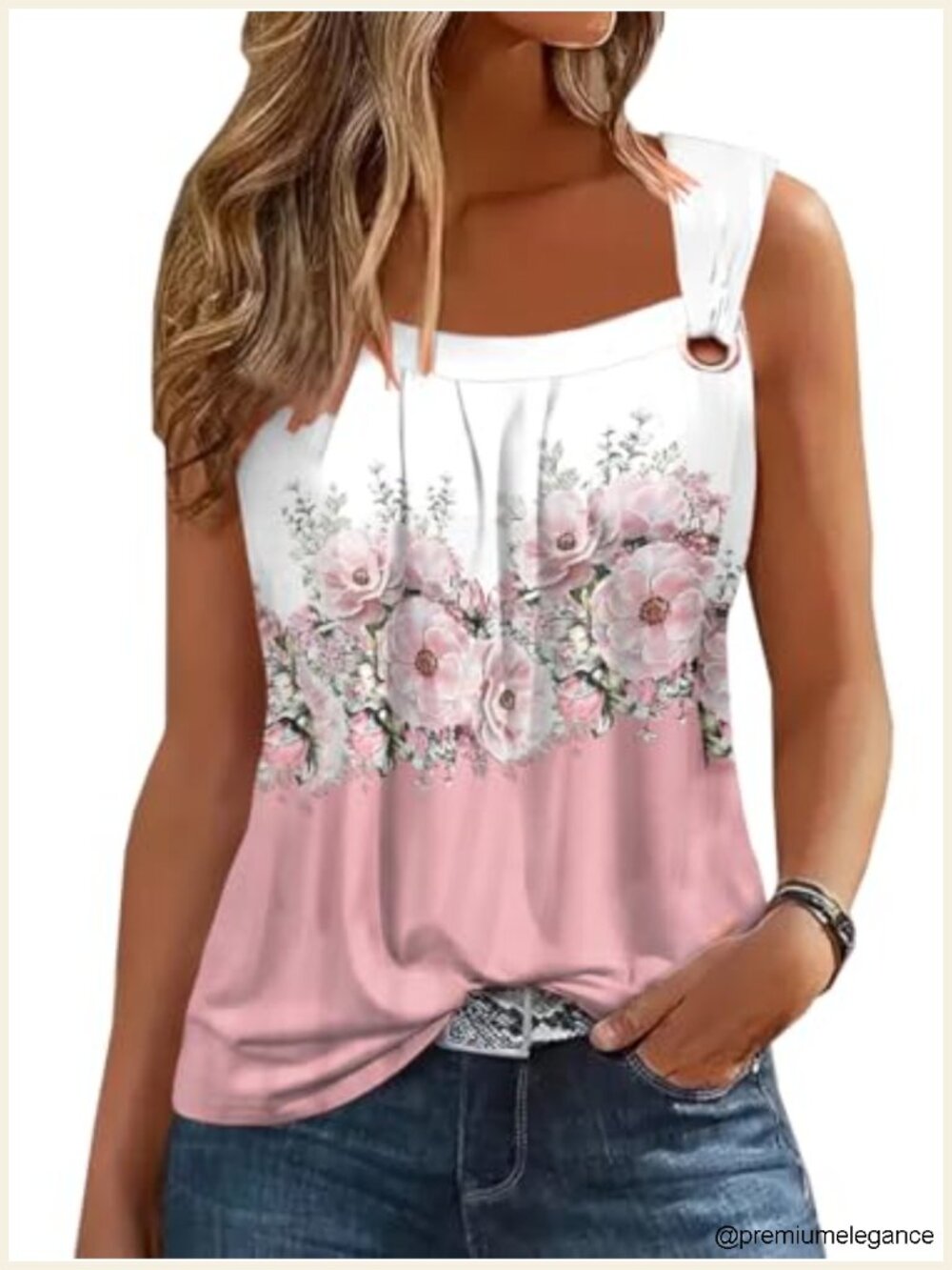 Pleated Square Neck Sleeveless Tank Top with O Ring Shoulder, Loose Fit Blouse